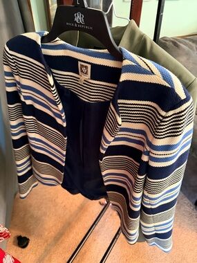 Anne Klein Navy, White & Light Blue Striped Open-Front Blazer